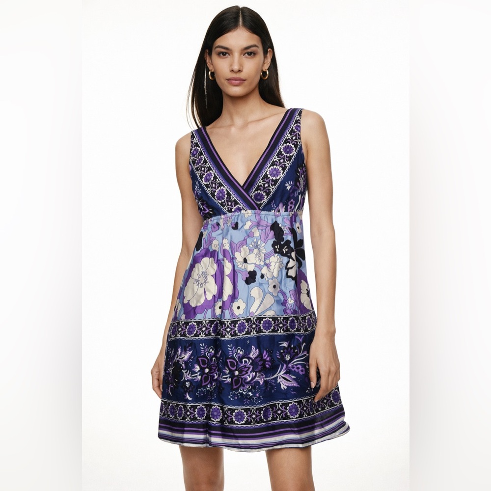 Vintage Silk Feel Boho Mini Dress Purple Floral V-Neck